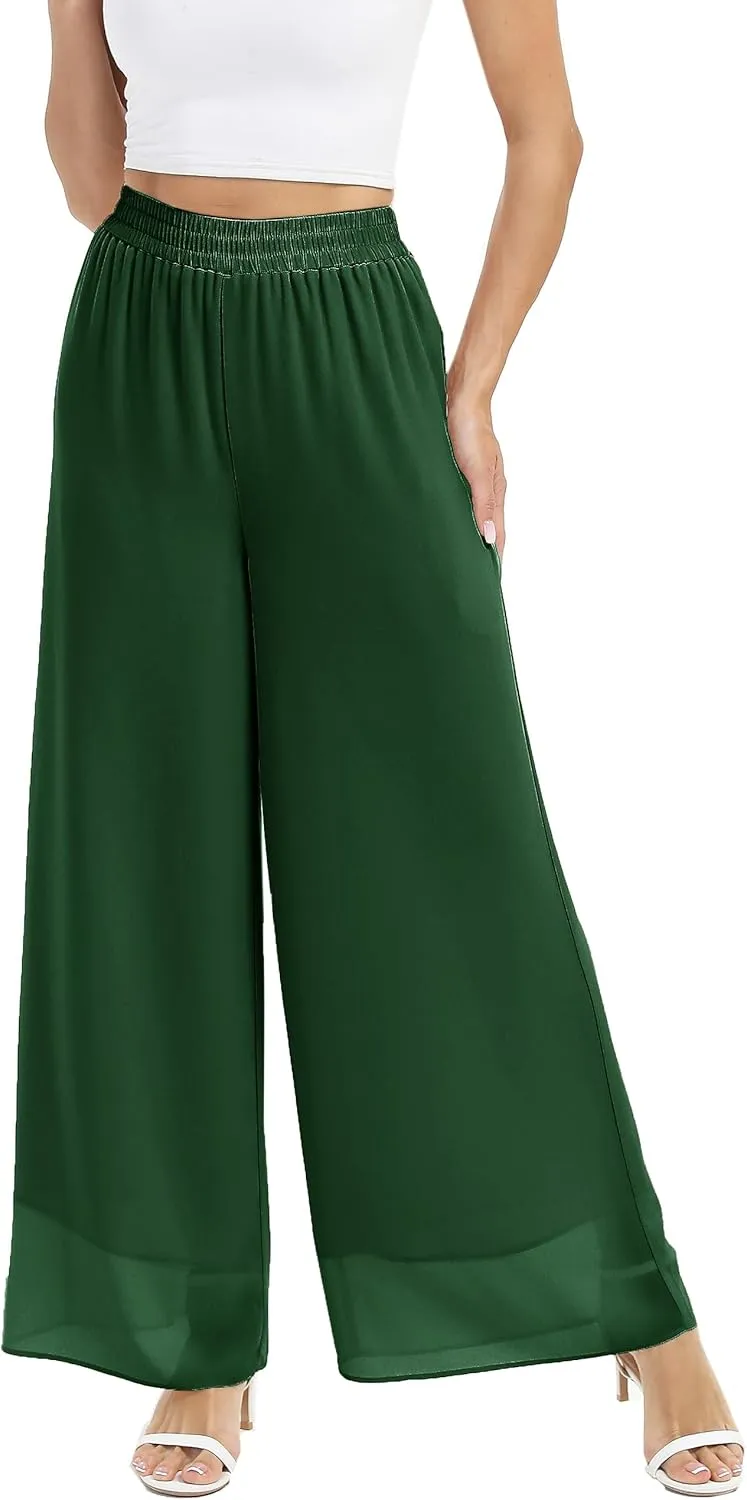 zsangbee Women's Wide Leg Palazzo Pants Chiffon Flowy Loose Party Wedding Dressy Casual Trousers